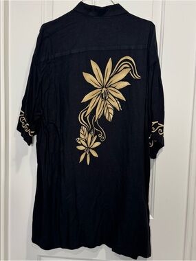 Men's Black Hawaiian Short-Sleeve Shirt with Gold Floral Print